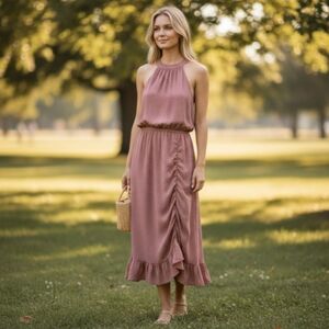 Stylish Mauve Halter Midi Dress with Ruffle Detail